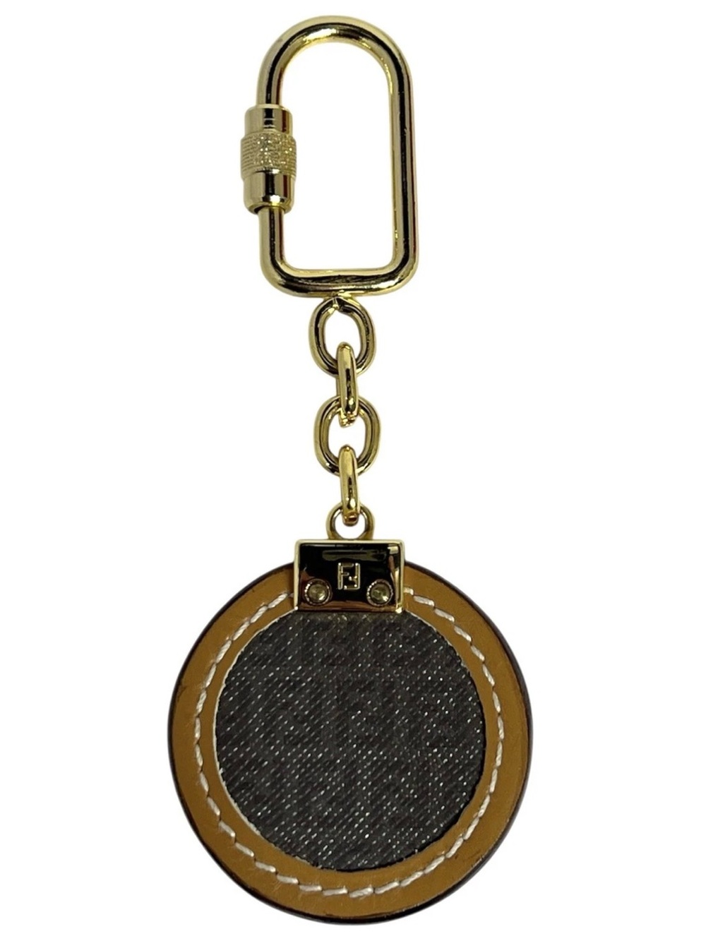 Fendi Gold-Tone Brown Round Leather Keyring with Dark Canvas Center